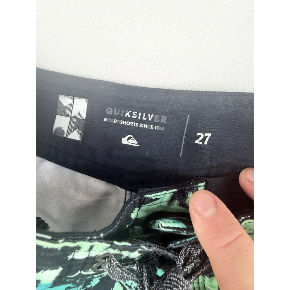 Quiksilver swim trunks board shorts, green, tie up front, big kid's 27